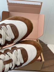 MIUMIU 26S SNEAKERS IN WHITE AND CARAMEL BROWN FABRIC AND SUEDE