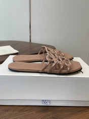LOEWE 26S PETAL ANAGRAM SLIDE IN TAUPE BROWN CALFSKIN WITH CRYSTALS