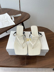 THE ROW 26S SQUARE TOE THONG HEELS IN IVORY WHITE CALFSKIN