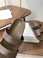 THE ROW 26S DOUBLE STRAP TOE LOOP SLIDE SANDALS IN BROWN CALFSKIN