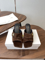 THE ROW 26S BUTTON DETAIL MULE HEELS 70MM IN BROWN SUEDE