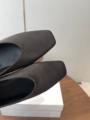 THE ROW 26S SQUARE TOE BALLET FLATS IN BLACK SATIN
