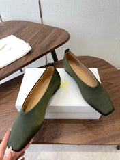 THE ROW 26S SQUARE TOE BALLET FLATS IN OLIVE GREEN SATIN