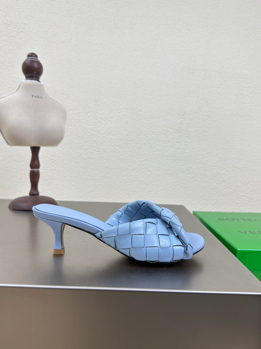 BLINK HIGH 5 CM MULE IN CERULEAN BLUE INTRECCIATO LEATHER