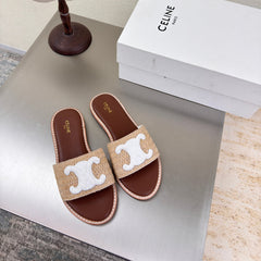 CELINE 25S LYMPIA MULE BEIGE RAFFIA WHITE WOOL LOGO