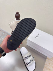 CELINE 25S FLAT SANDALS ARC DE TRIOMPHE IN WHITE CALFSKIN AND CANVAS