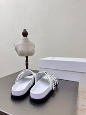 CELINE 25S FLAT SANDALS ARC DE TRIOMPHE IN WHITE CALFSKIN AND CANVAS