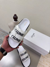 CELINE 25S FLAT SANDALS ARC DE TRIOMPHE IN WHITE CALFSKIN AND CANVAS