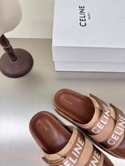 CELINE 25S FLAT SANDALS ARC DE TRIOMPHE IN BROWN CALFSKIN AND CANVAS