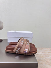CELINE 25S FLAT SANDALS ARC DE TRIOMPHE IN BROWN CALFSKIN AND CANVAS