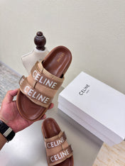 CELINE 25S FLAT SANDALS ARC DE TRIOMPHE IN BROWN CALFSKIN AND CANVAS