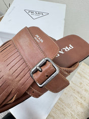 PRADA 25S SHUFFLE LEATHER THONG SANDALS IN SIENNA CALFSKIN