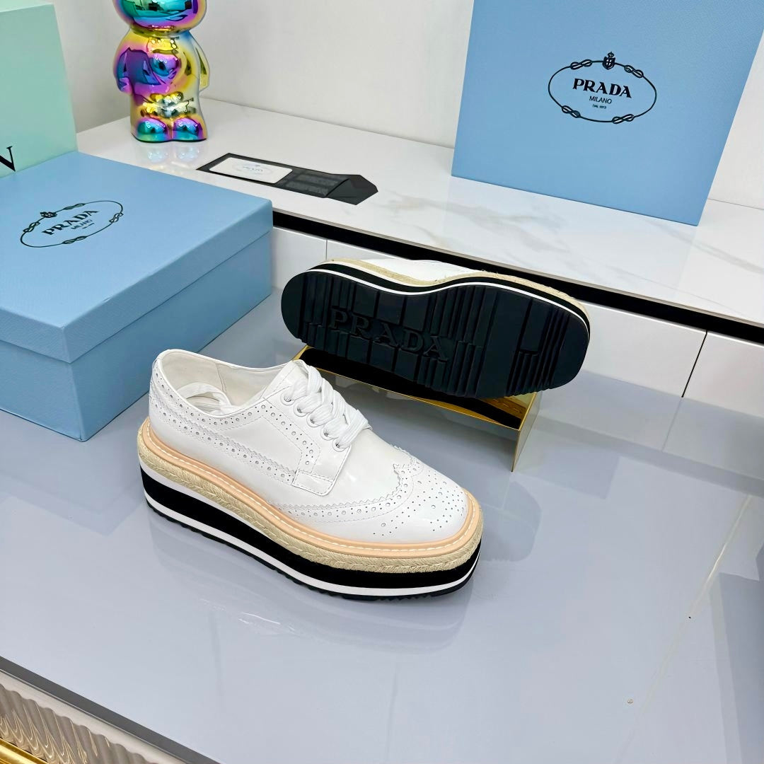 PRADA 25S FLAT WEDGE SHOES 60MM IN WHITE CALFSKIN