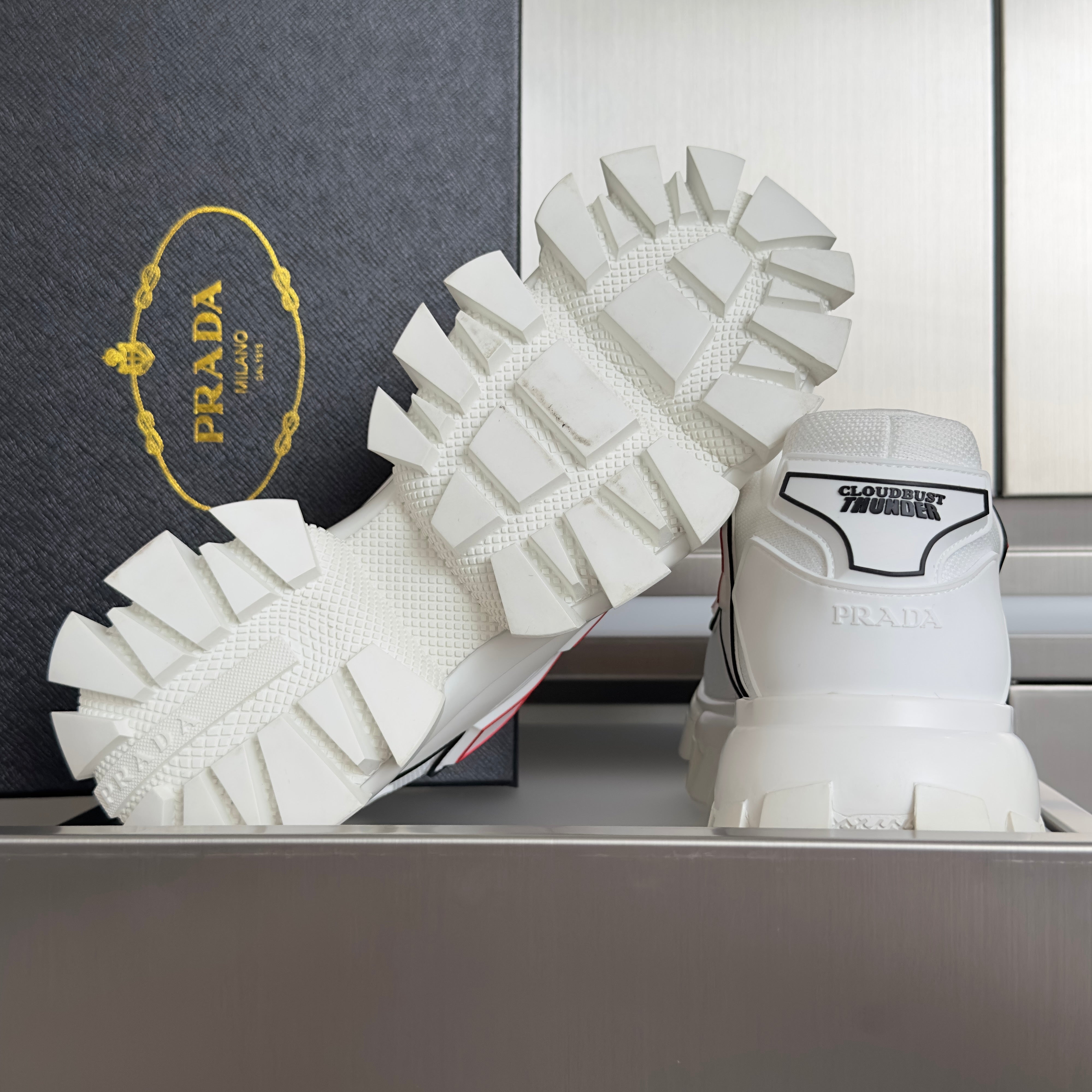 PRADA 26S CLOUDBUST THUNDER SNEAKERS 60MM IN WHITE AND RED MESH FABRIC AND TPU