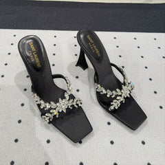 HIGH RHINESTONE CROSS STRAP MULES IN BLACK SILK