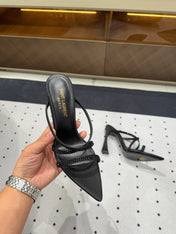 HIGH CRYSTAL STRAP SANDALS IN BLACK SILK