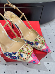 VLTN HIGH SLINGBACK 25S 80 MM IN WHITE MIX PINK FABRIC AND CALFSKIN