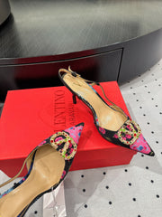 VLTN HIGH SLINGBACK 25S 80 MM IN BLACK MIX PINK FABRIC AND CALFSKIN