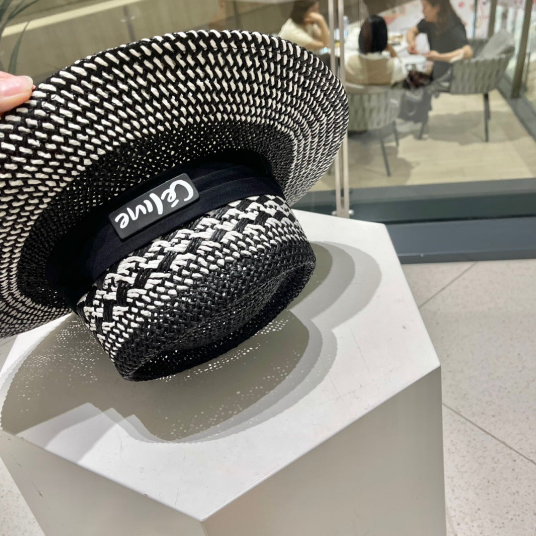 WIDE BRIM HAT MODEL 652048 IN BLACK AND WHITE WOVEN STRAW