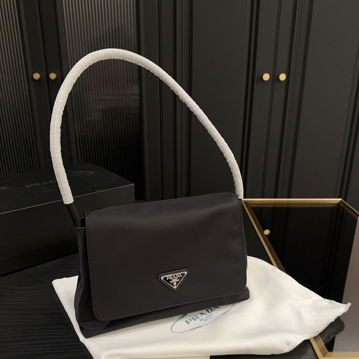TRIANGLE LOGO SHOULDER BAG 26 IN BLACK RE-NYLON