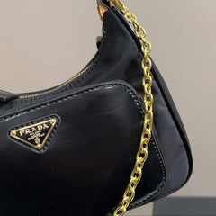 HOBO BAG 22 IN BLACK RE-NYLON AND CALFSKIN WITH GOLD HARDWARE