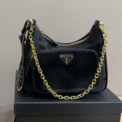 HOBO BAG 22 IN BLACK RE-NYLON AND CALFSKIN WITH GOLD HARDWARE