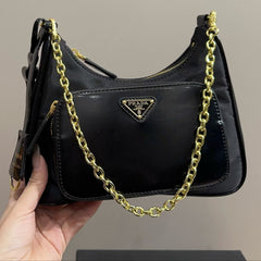 HOBO BAG 22 IN BLACK RE-NYLON AND CALFSKIN WITH GOLD HARDWARE