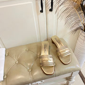 DWAY HEELED SLIDE IN GOLD CALFSKIN WITH GOLD LOGO