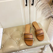 DWAY HEELED SLIDE IN BRONZE BROWN CALFSKIN WITH GOLD LOGO