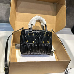 RUCHED TOP HANDLE BAG 19 IN BLACK SAFFIANO LEATHER
