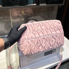 BOW DETAIL RUCHED TOP HANDLE BAG 29 IN LIGHT PINK SAFFIANO LEATHER