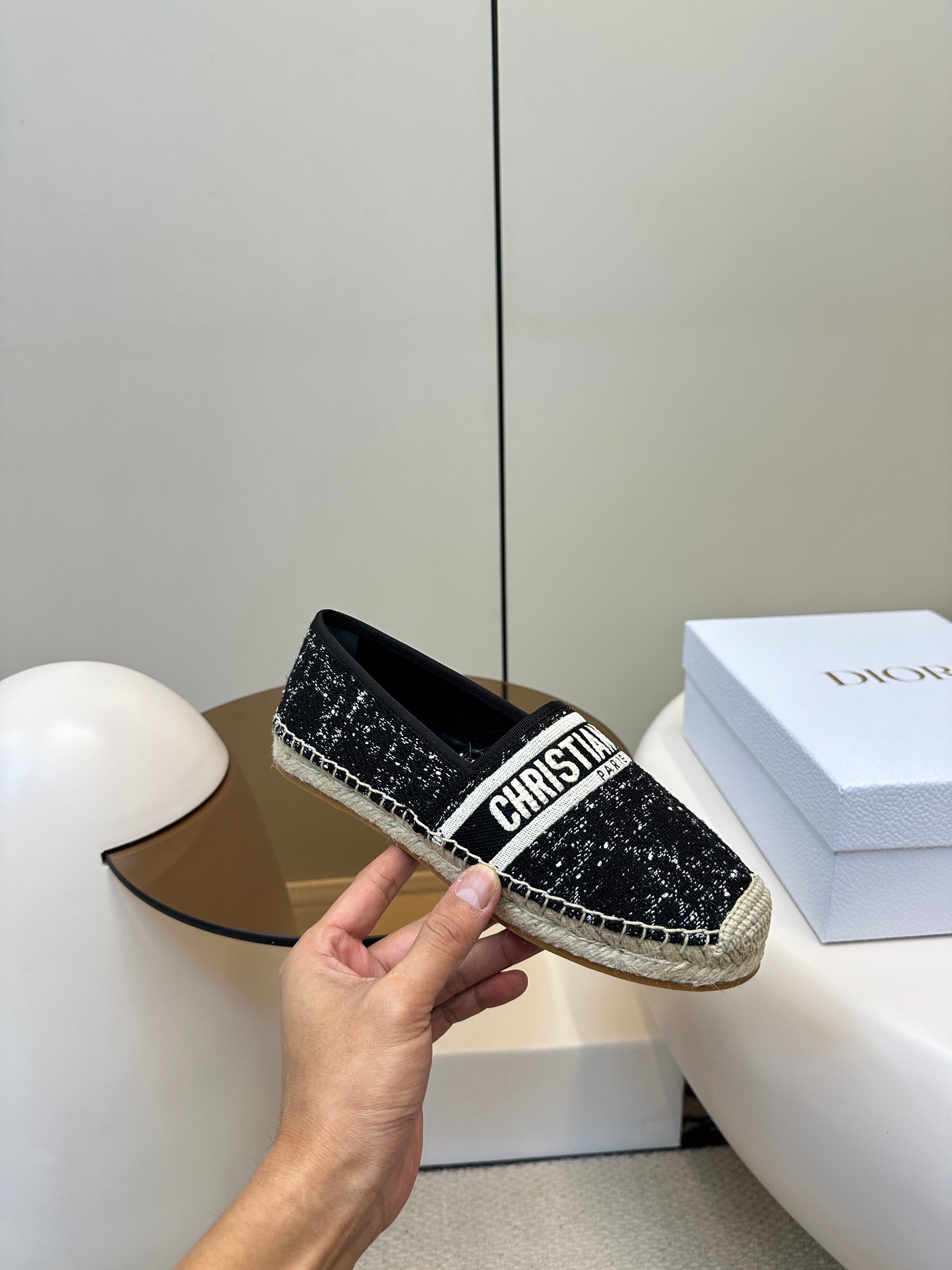 GRANVILLE ESPADRILLE BLACK OBLIQUE EMBROIDERED COTTON