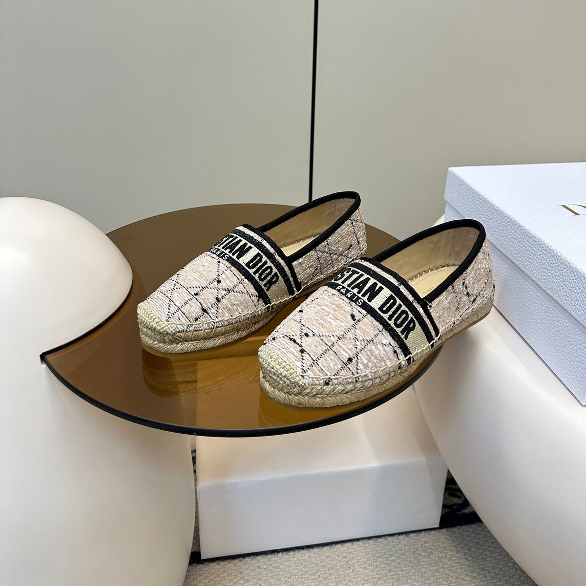 GRANVILLE ESPADRILLE TAN BEIGE OBLIQUE EMBROIDERED COTTON