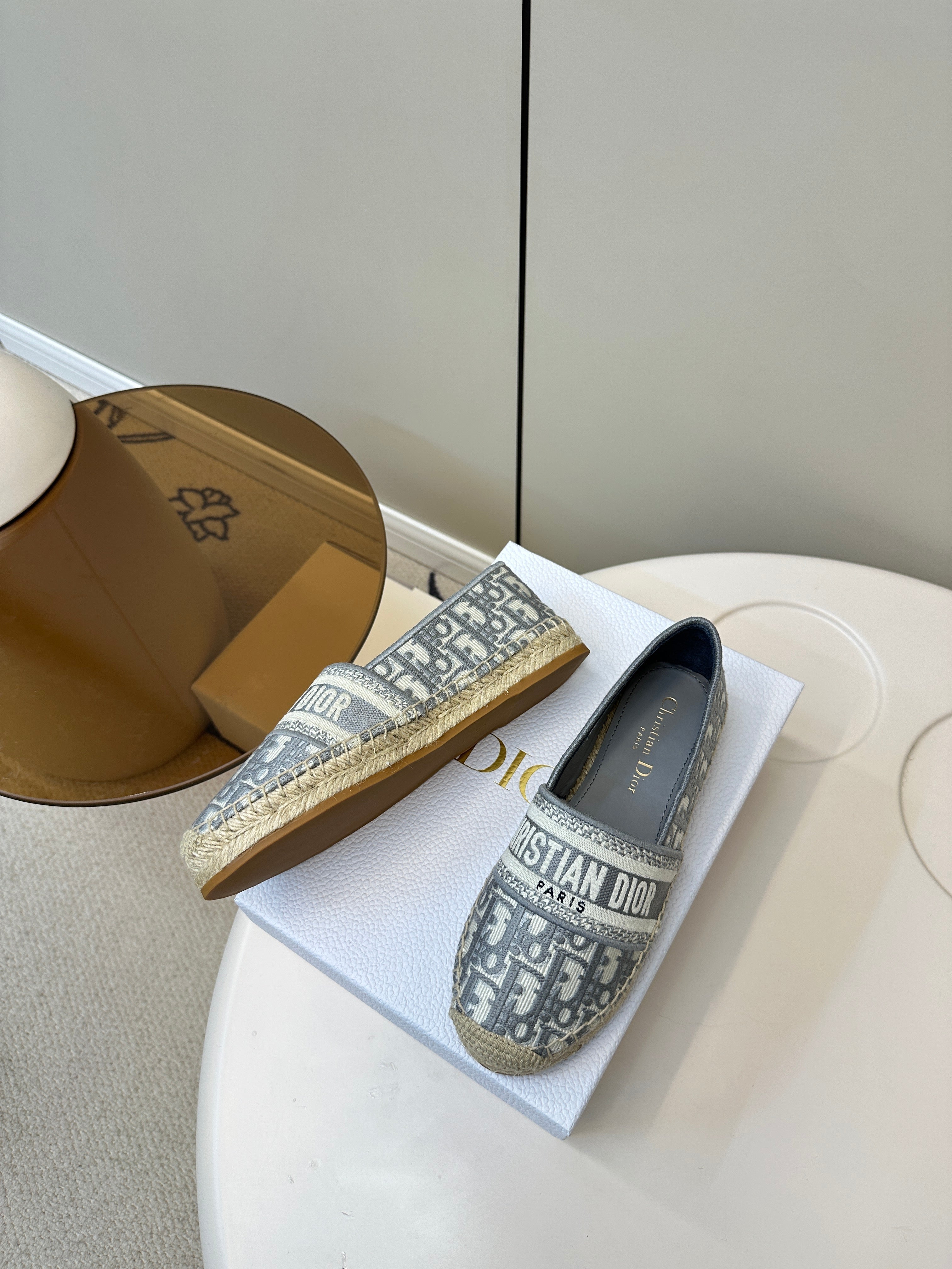 GRANVILLE ESPADRILLES FLAT 25S IN GRAY OBLIQUE EMBROIDERED COTTON