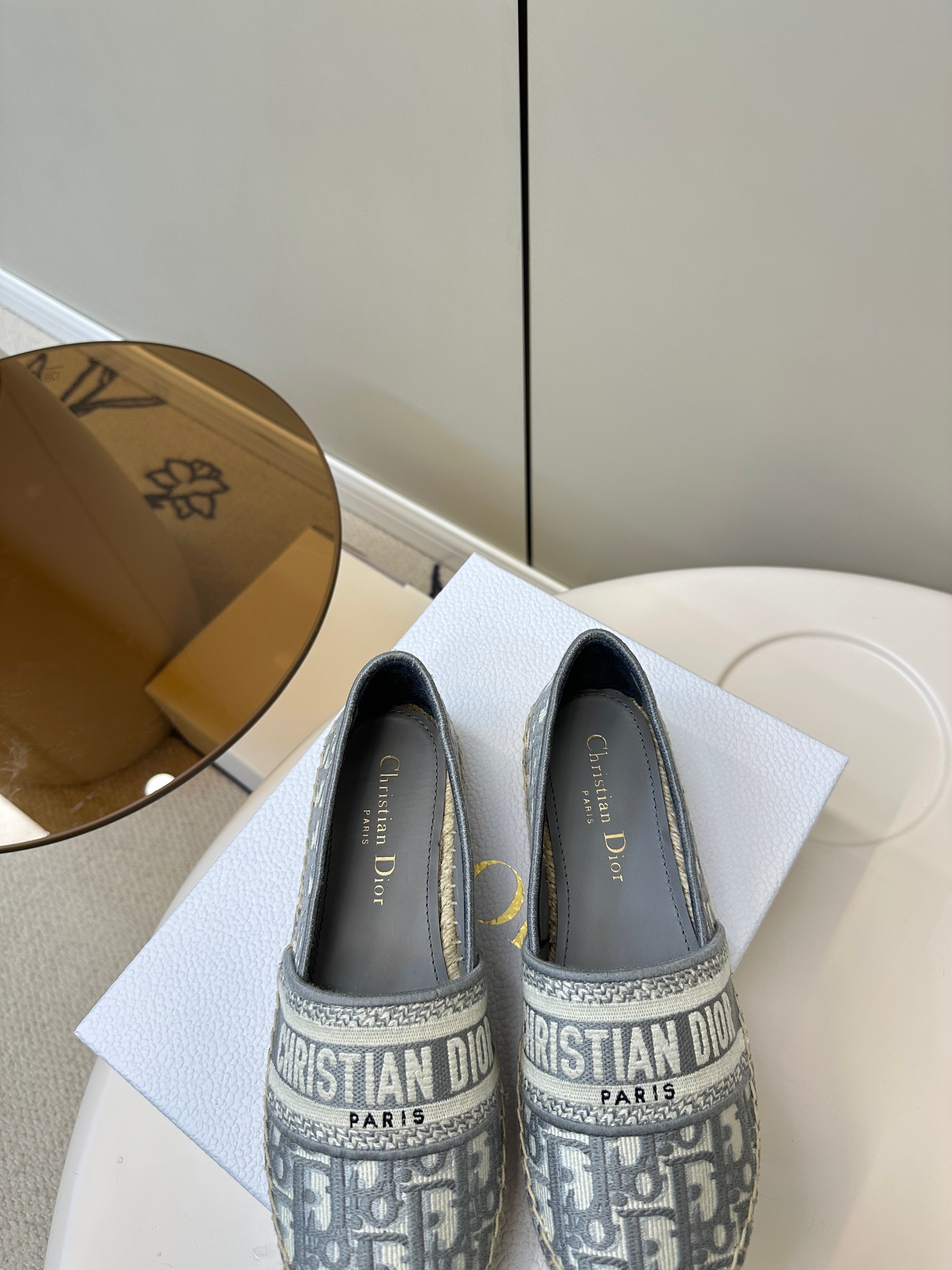 GRANVILLE ESPADRILLES FLAT 25S IN GRAY OBLIQUE EMBROIDERED COTTON