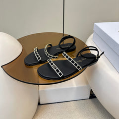 FLAT SANDALS 25S IN BLACK CALFSKIN RHINESTONES STRAP