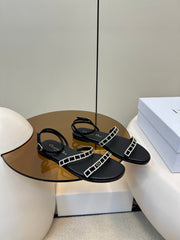 FLAT SANDALS 25S IN BLACK CALFSKIN RHINESTONES STRAP