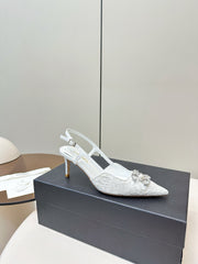 CC SLINGBACK 25S IN WHITE LACE FABRIC WITH SILVER HARDWARE