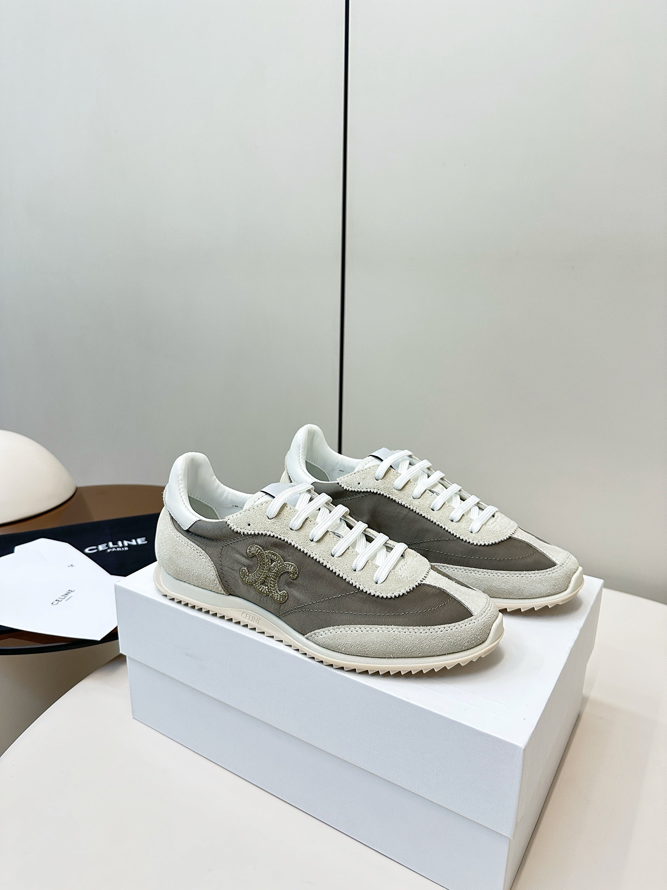 CELINE 25S RACER LOW TOP SNEAKER IN CREAM AND TAUPE GRAY NYLON AND SUEDE