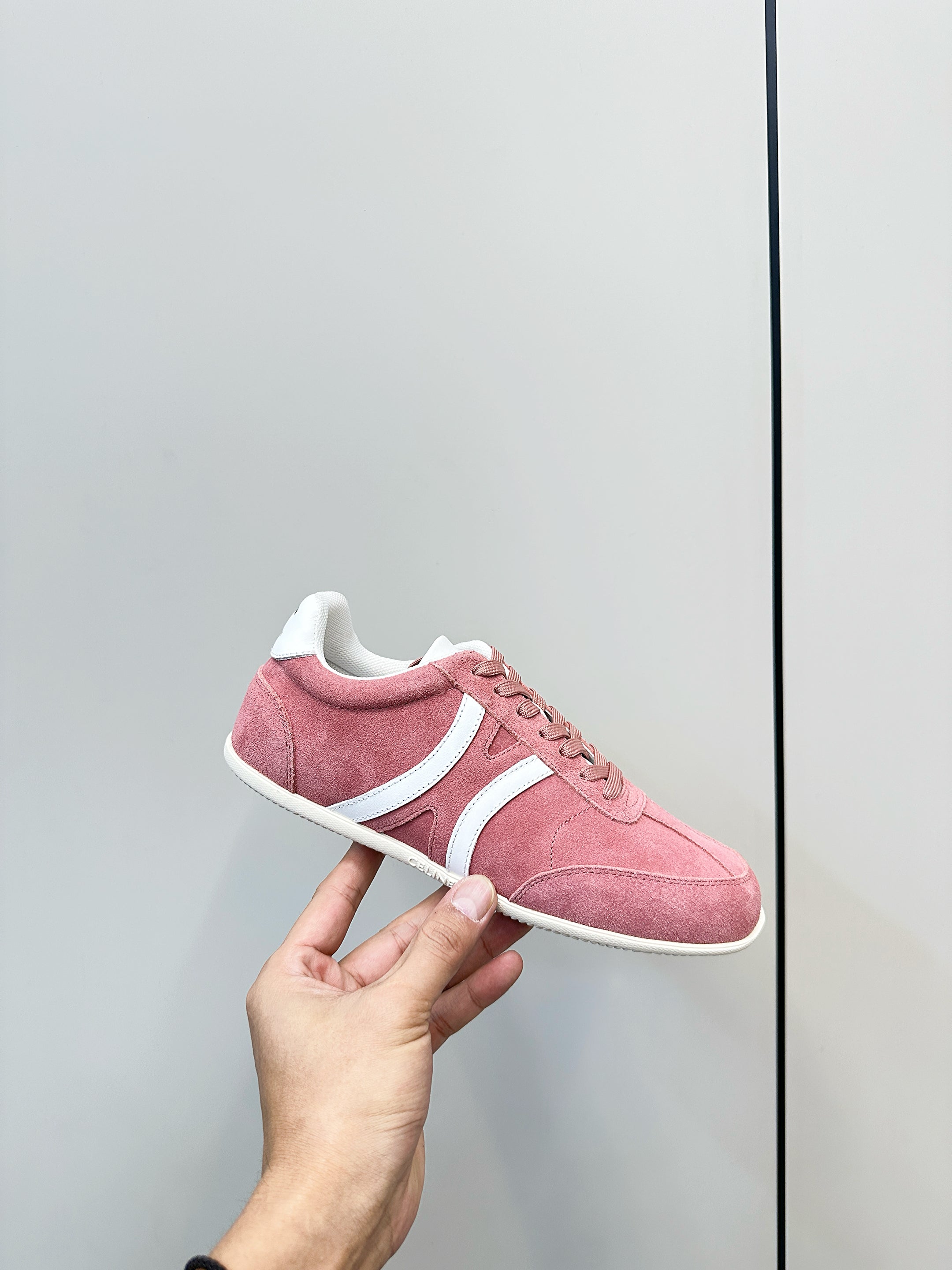 CELINE 25S JOGGER LOW LACE UP SNEAKER WITH TRIOMPHE IN BABY PINK SUEDE