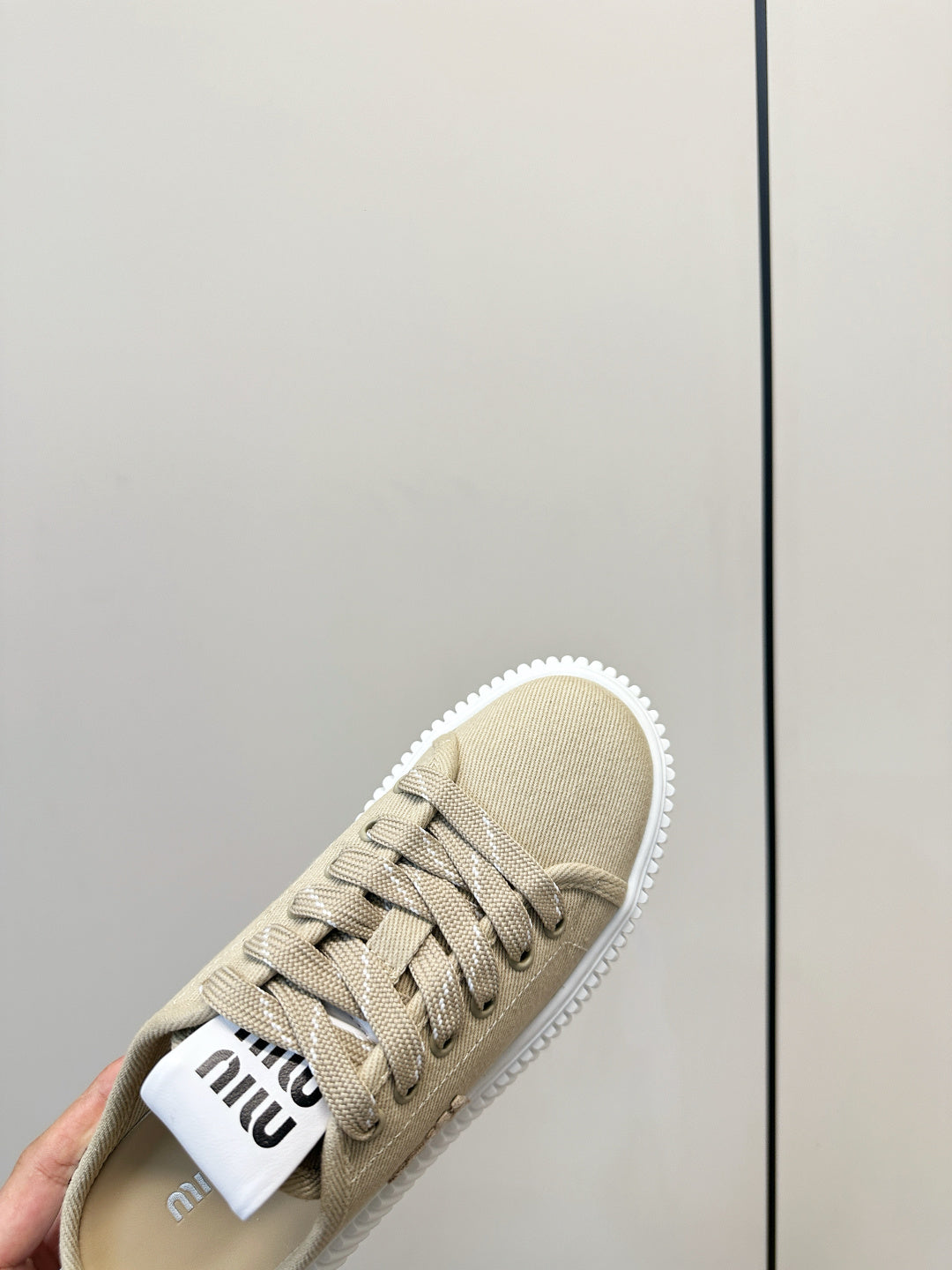 MIUMIU 26S SNEAKER MULES IN BEIGE CANVAS