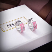 MIUMIU 26S LOGO HUGGIE HOOP EARRINGS IN PINK ENAMEL AND SILVER TONE METAL 622799