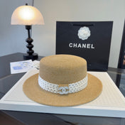 CHANEL 26S BOATER STRAW HAT WITH CRYSTAL-EMBELLISHED CC LOGO 338039