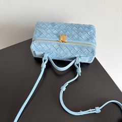 BOTTEGA VENETA 25S BANG BANG 22 IN ICE BLUE INTRECCIATO SUEDE GOLD HARDWARE