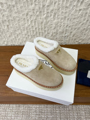PRADA 25S PLATFORM FUR-LINED MULES IN WARM BEIGE SUEDE