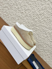 PRADA 25S PLATFORM FUR-LINED MULES IN WARM BEIGE SUEDE