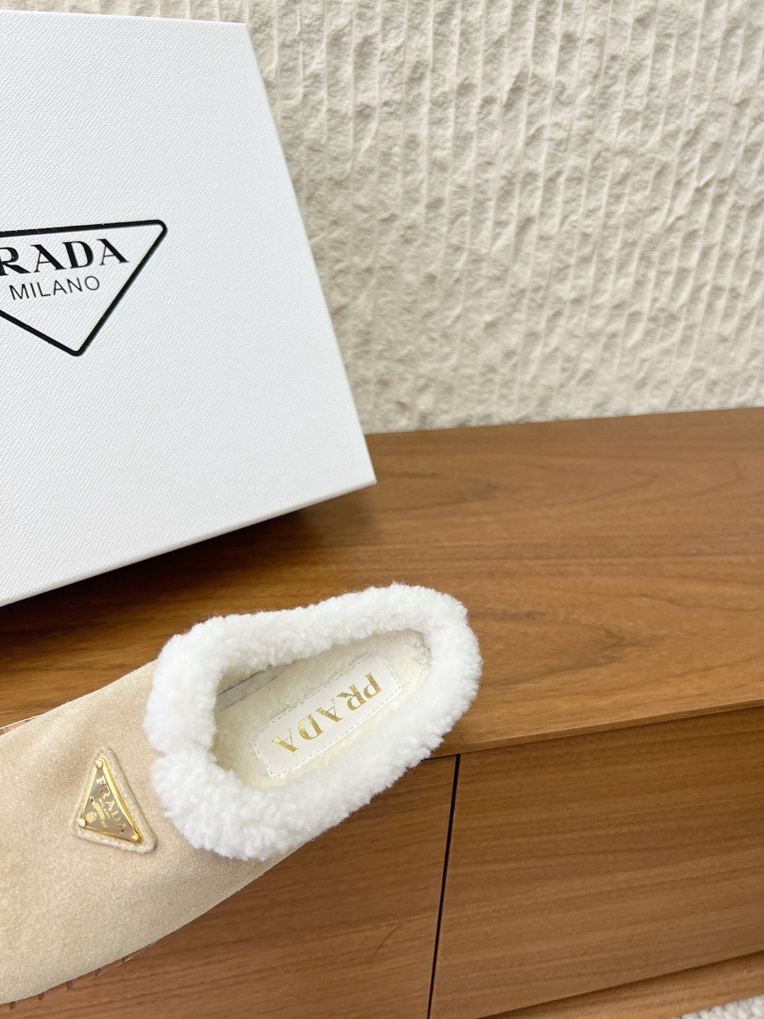 PRADA 25S PLATFORM FUR-LINED MULES IN WARM BEIGE SUEDE
