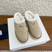 PRADA 25S PLATFORM FUR-LINED MULES IN WARM BEIGE SUEDE