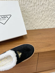 PRADA 25S PLATFORM FUR-LINED MULES IN BLACK SUEDE