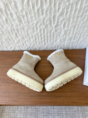 PRADA 25S ANKLE BOOTS 40 MM IN LIGHT BEIGE SUEDE SHEARLING-LINED